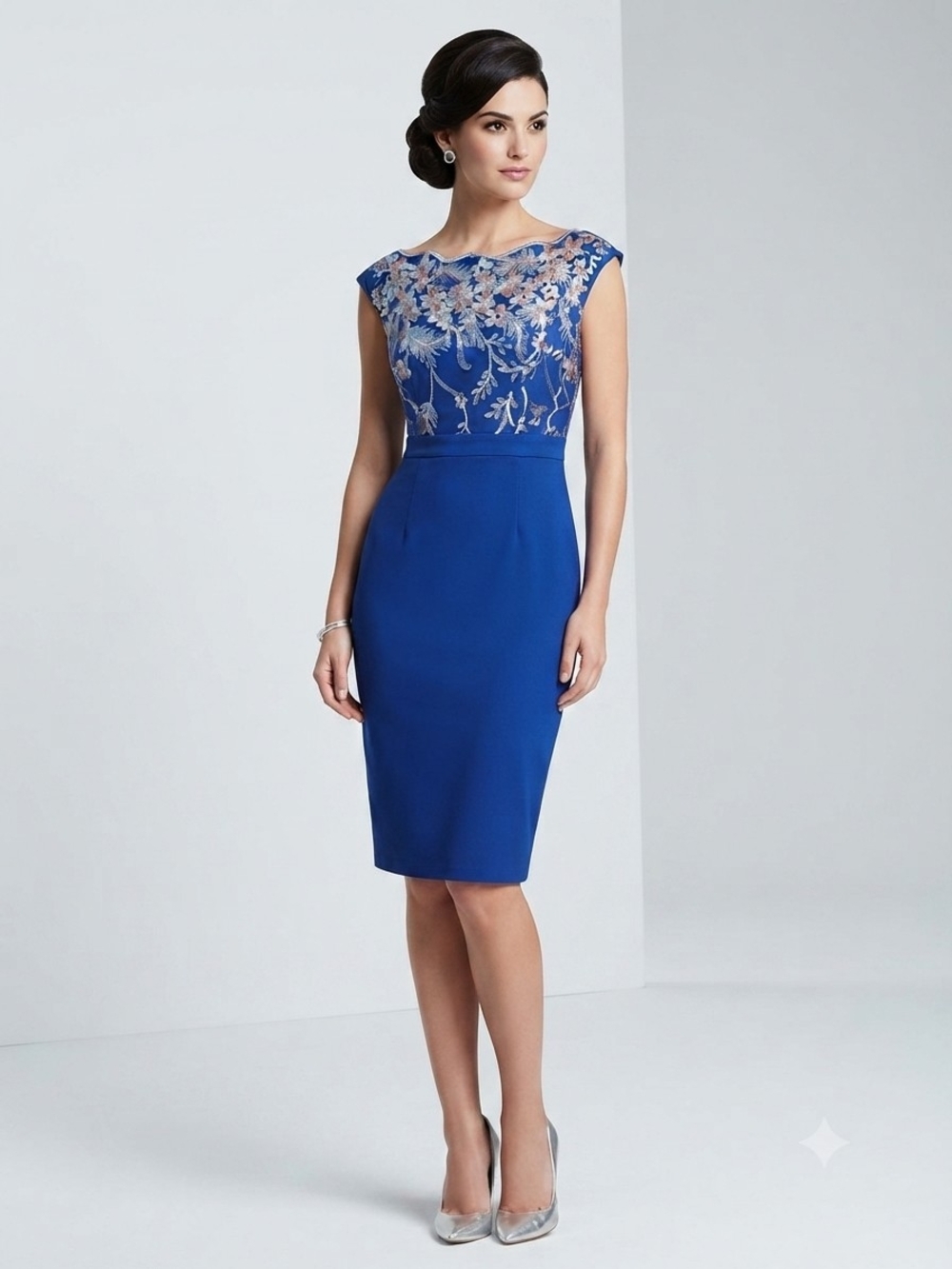 Little Mistress Royal Blue Embroidered Illusion Neck Midi Dress Size Small
